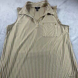 Jones New York tan + white striped sleeveless button up shirt with pocket.